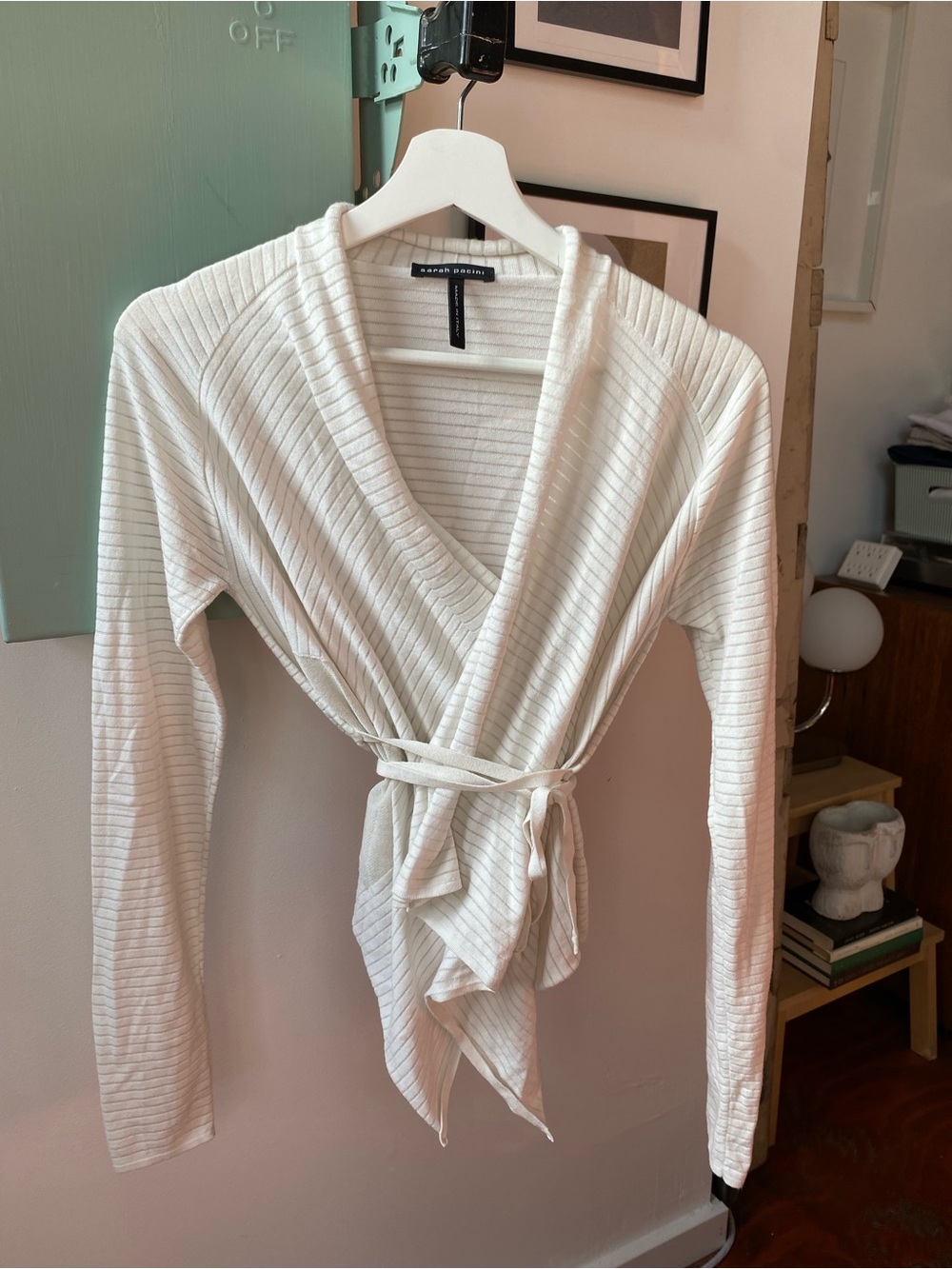 Sarah Pacini Cream Ribbed Wrap Cardigan